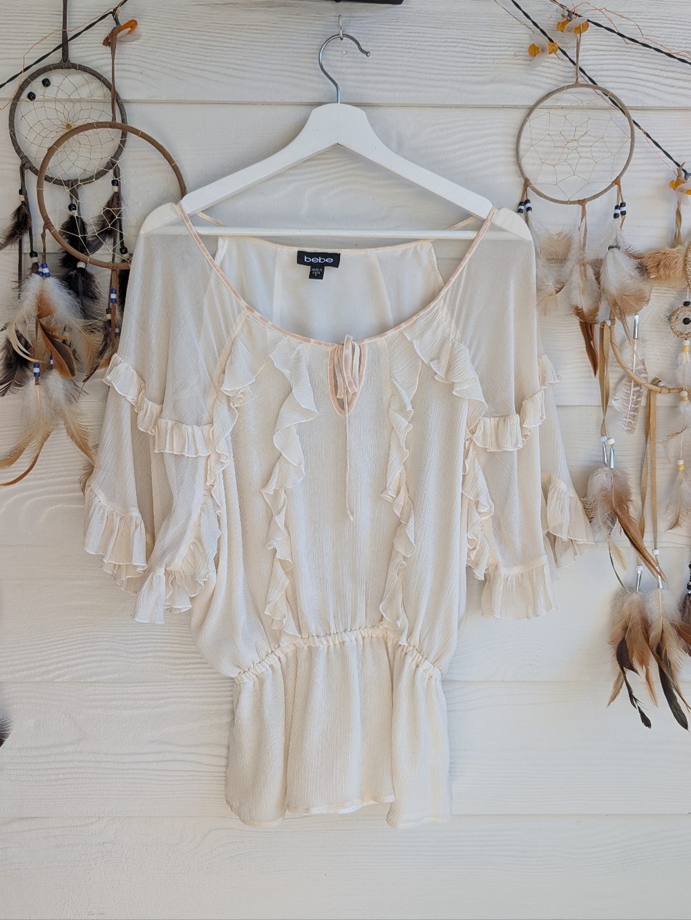 Y2K bebe Cream Ruffled Peasant Blouse Top